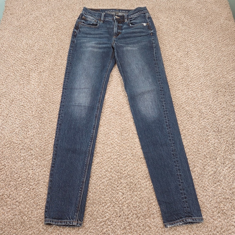 American Eagle 90s Skinny Blue Jeans Womens 2 LONG Stretch Faded Dark Stone Wash